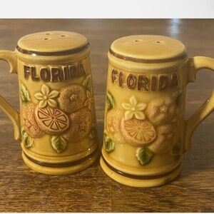 Vintage Made in Japan Florida Souvenir Salt And Pepper Shakers Orange Cups Mugs